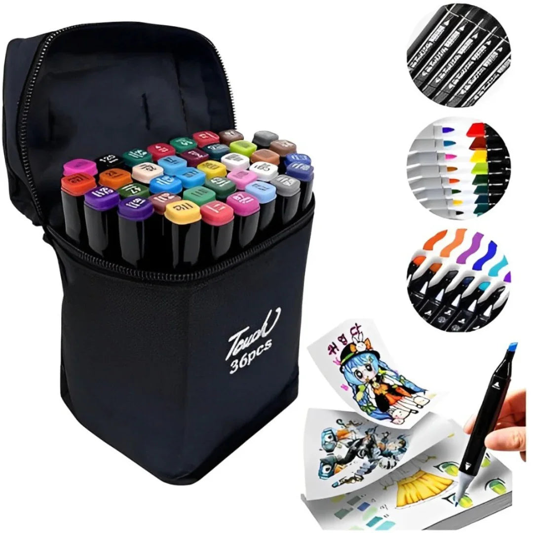 Conjunto de Caneta Colorida Ponta Dupla 36Pçs com Estojo (Versão Pretas ou Brancas) Generico