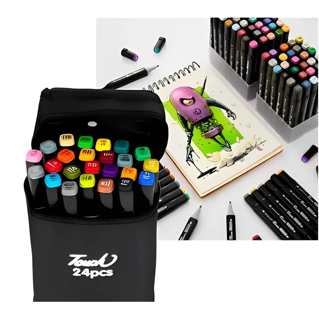 Conjunto de Caneta Colorida Ponta Dupla 24Pçs com Estojo (Versão Pretas ou Brancas) Generico
