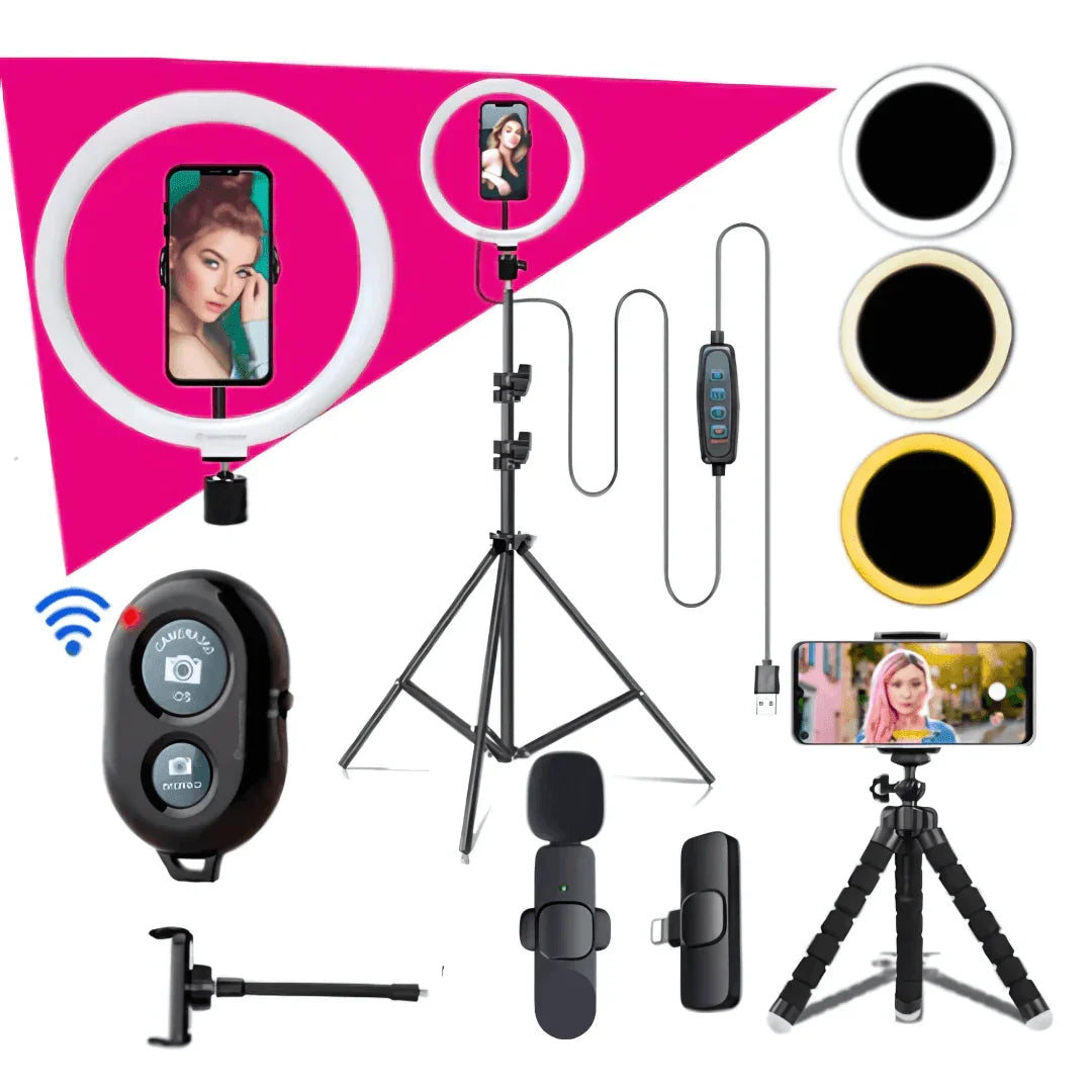 Kit Youtuber com Tripé + Ring Light + Microfone de Lapela Sem Fio AltoTech