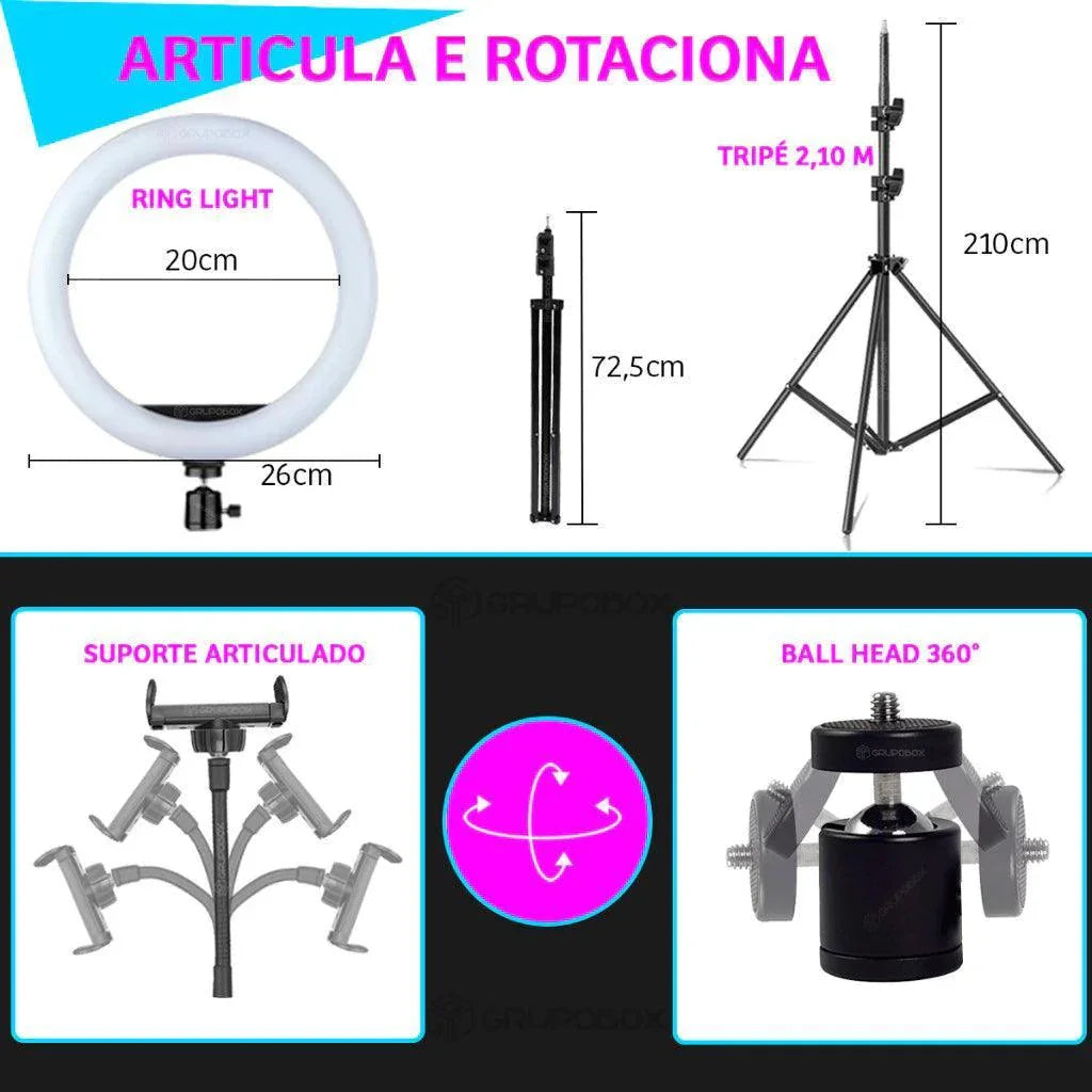 Kit Youtuber com Tripé + Ring Light + Microfone de Lapela Sem Fio AltoTech
