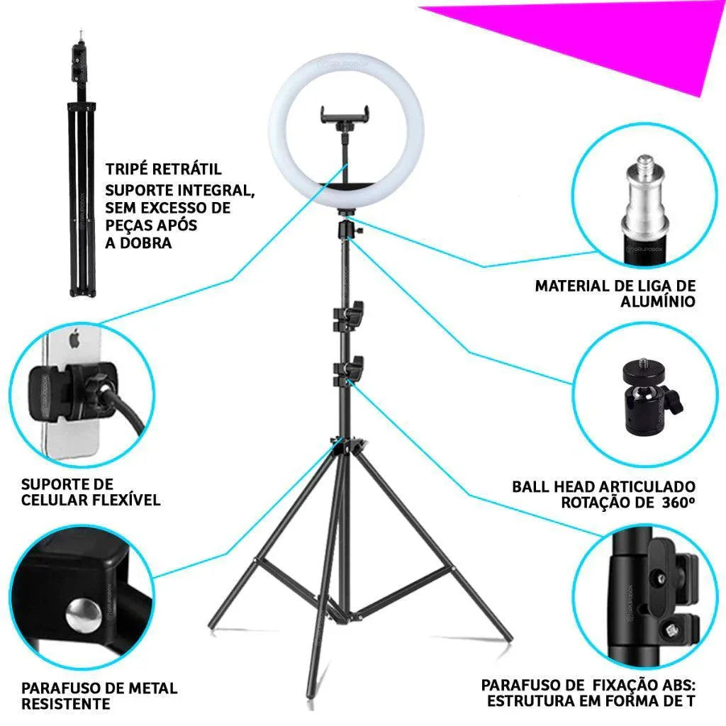 Kit Youtuber com Tripé + Ring Light + Microfone de Lapela Sem Fio AltoTech