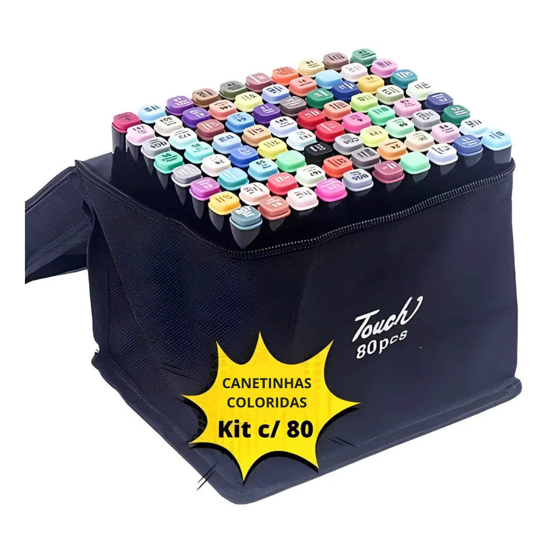 Conjunto de Caneta Colorida Ponta Dupla 80Pçs com Estojo (Versão Pretas ou Brancas) Generico