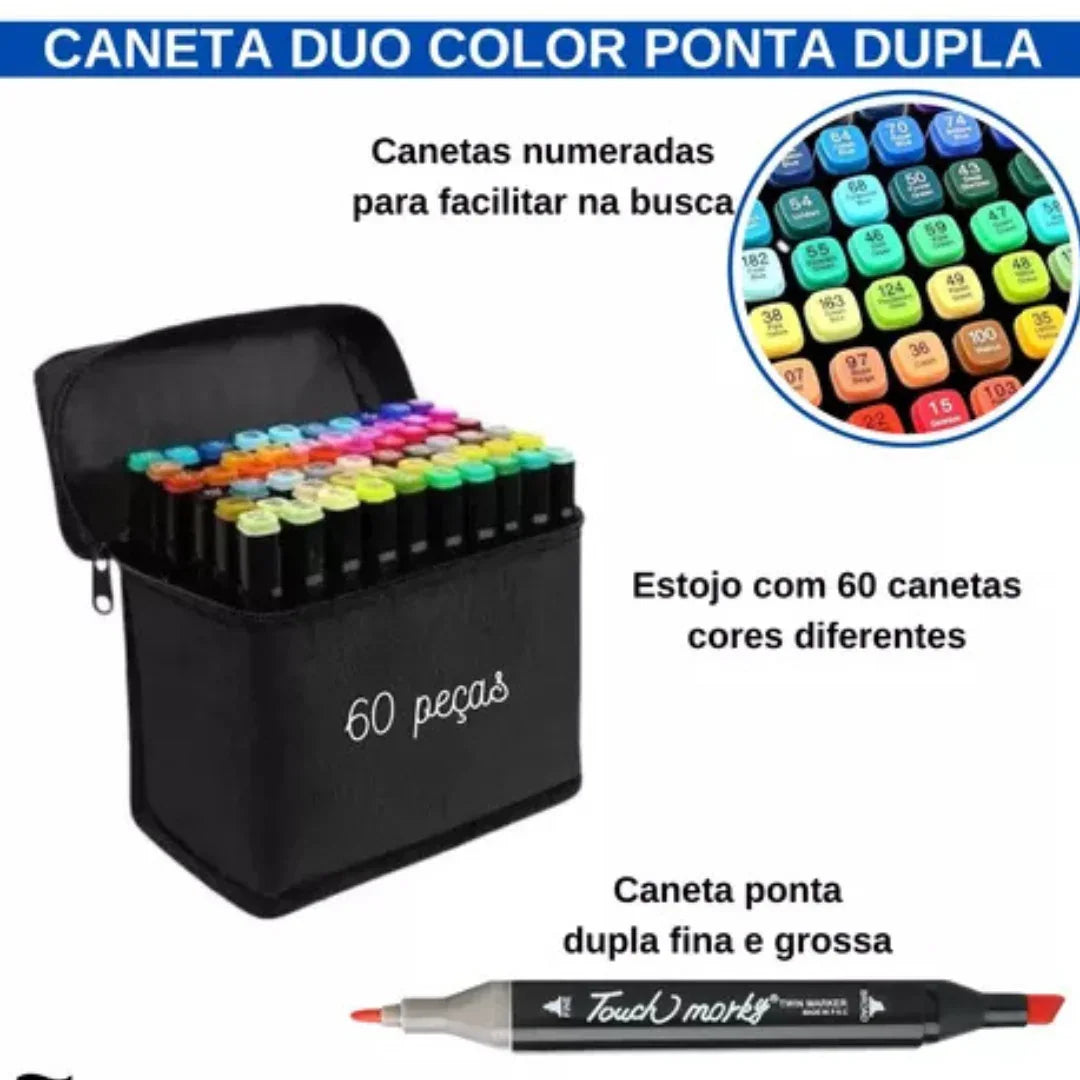 Conjunto de Caneta Colorida Ponta Dupla 60Pçs com Estojo (Versão Pretas ou Brancas) Generico