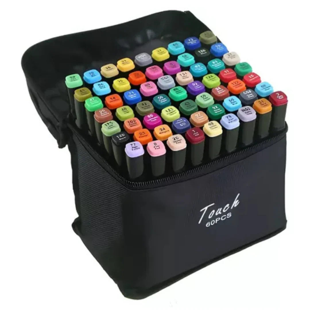 Conjunto de Caneta Colorida Ponta Dupla 60Pçs com Estojo (Versão Pretas ou Brancas) Generico