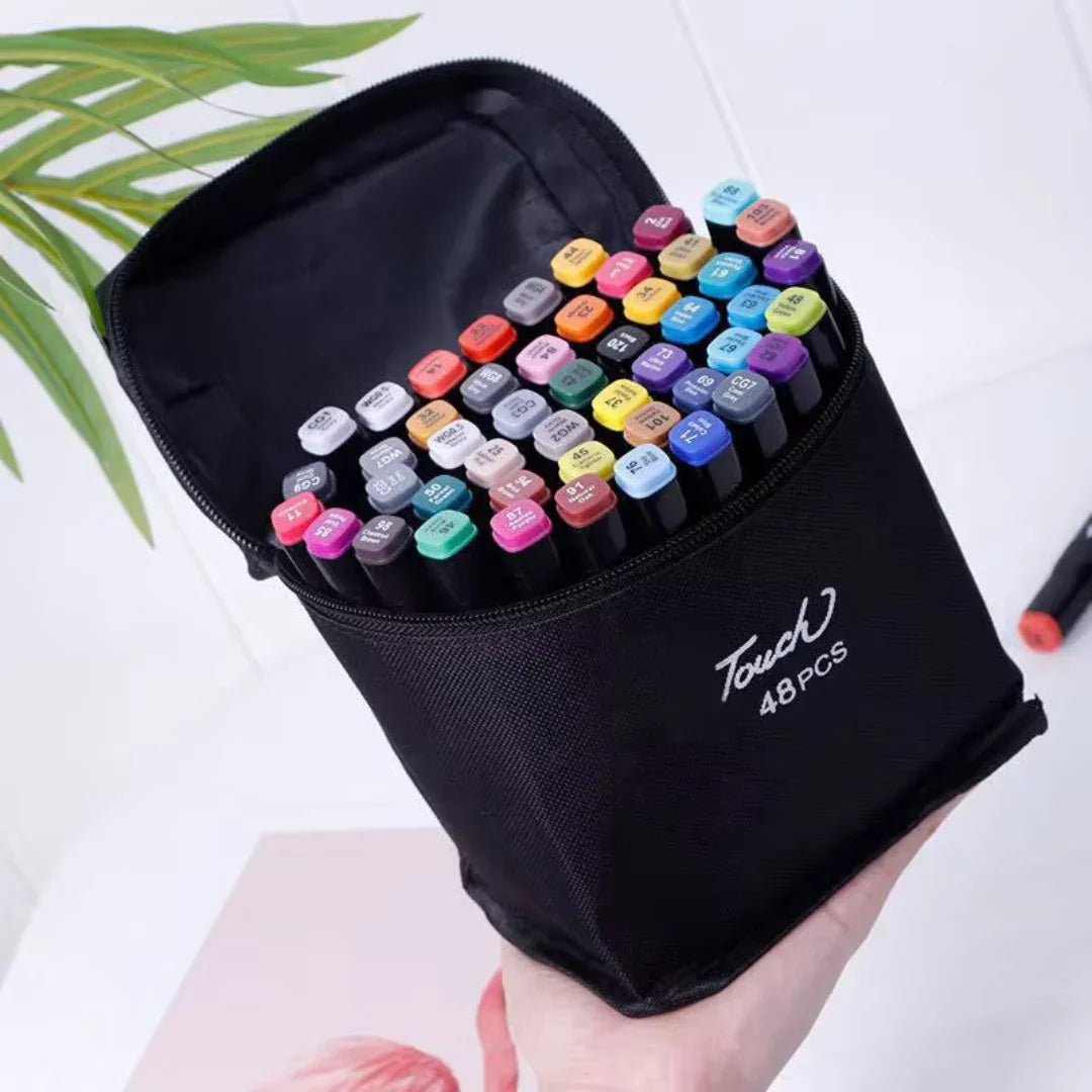 Conjunto de Caneta Colorida Ponta Dupla 48Pçs com Estojo (Versão Pretas ou Brancas) Generico