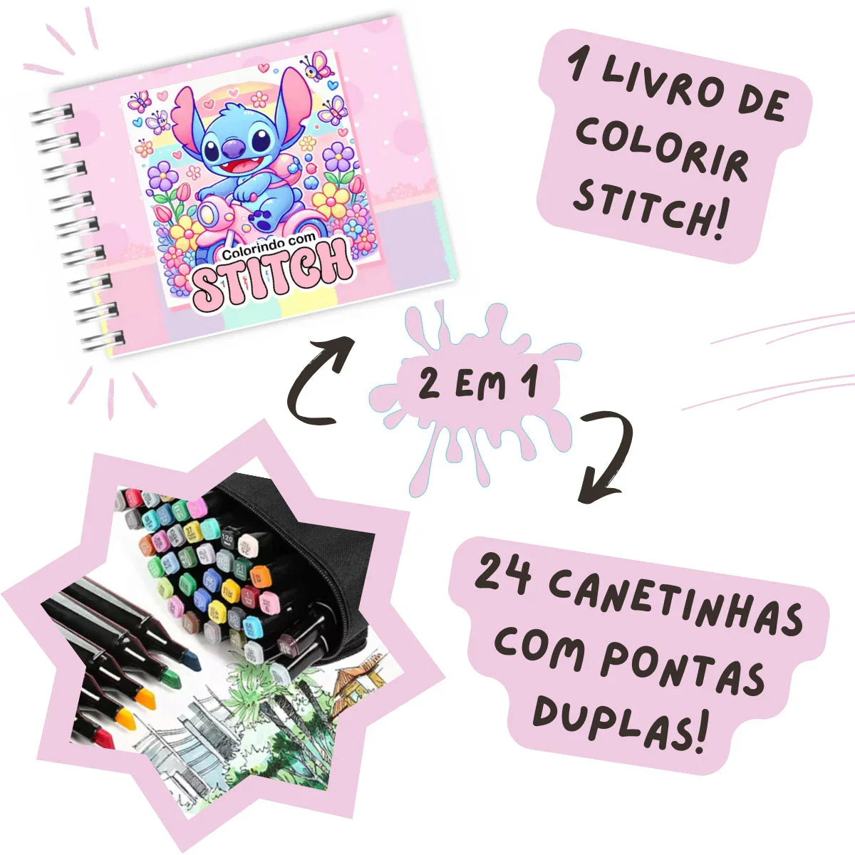 Kit Livro Colorir Stitch (Azul/ Rosa) + 24 Canetas Marcadora De Ponta Dupla Genérica