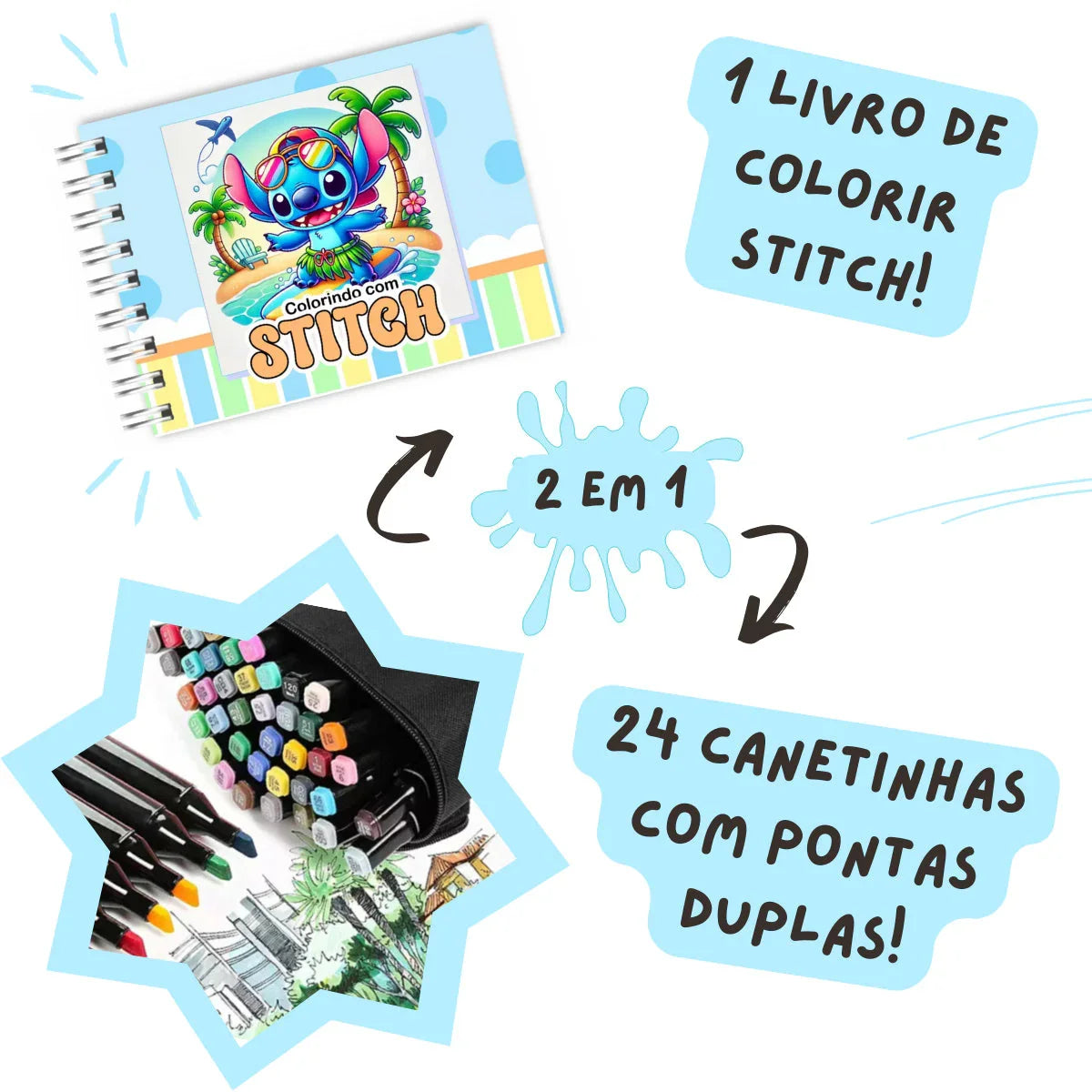 Kit Livro Colorir Stitch (Azul/ Rosa) + 24 Canetas Marcadora De Ponta Dupla Genérica