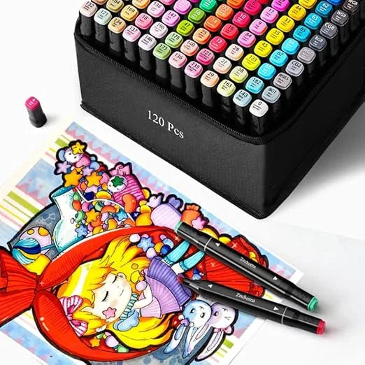 Conjunto de Caneta Colorida Ponta Dupla 120Pçs com Estojo (Versão Pretas ou Brancas) Generico