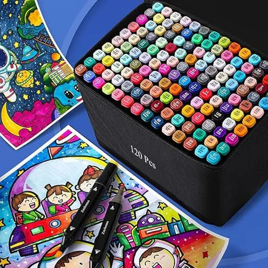 Conjunto de Caneta Colorida Ponta Dupla 120Pçs com Estojo (Versão Pretas ou Brancas) Generico
