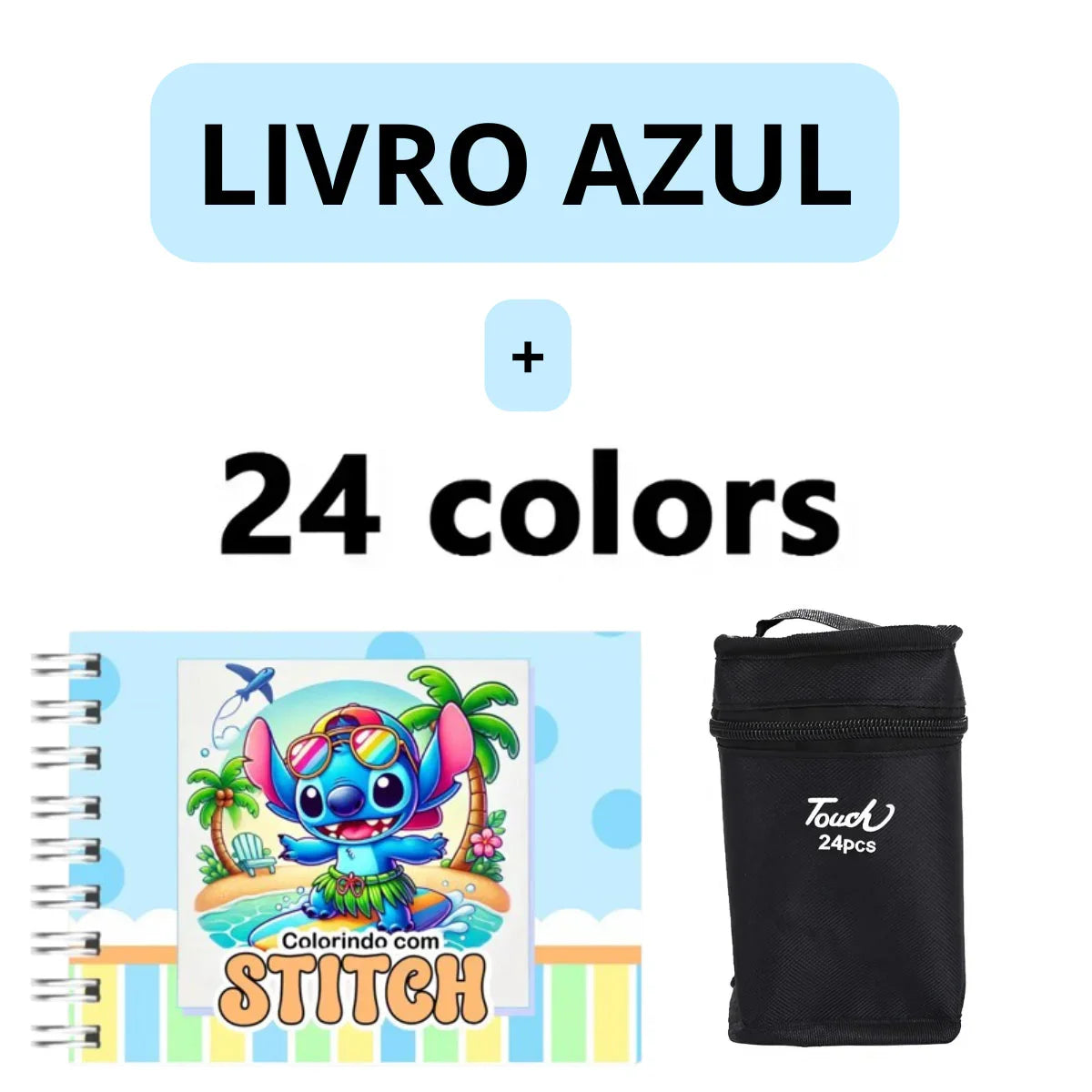 Kit Livro Colorir Stitch (Azul/ Rosa) + 24 Canetas Marcadora De Ponta Dupla Genérica