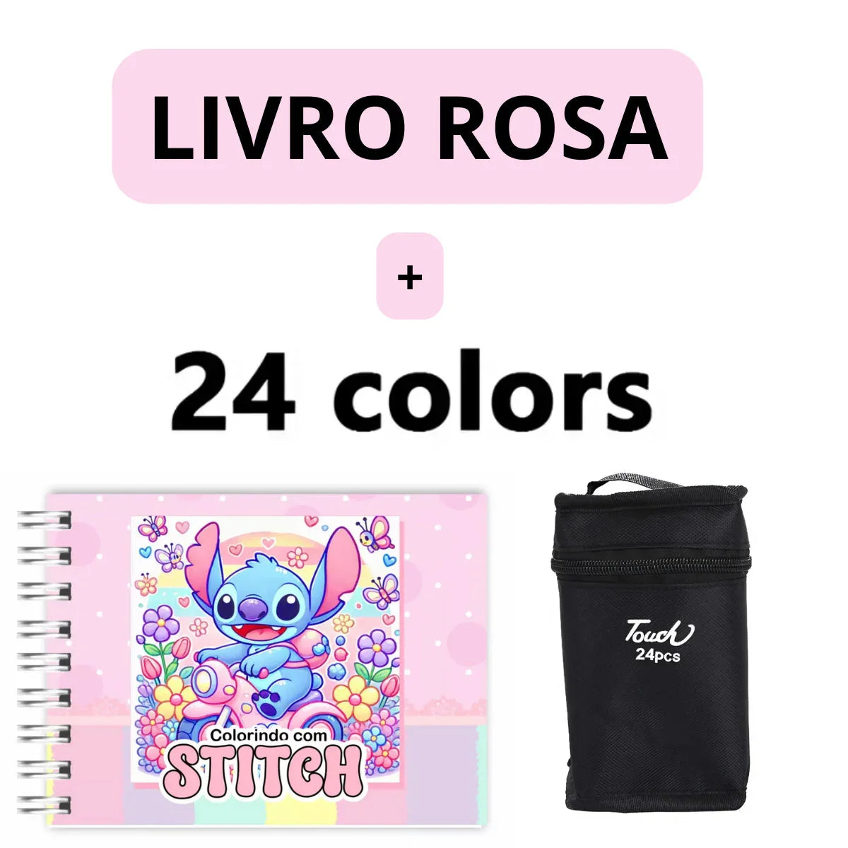 Kit Livro Colorir Stitch (Azul/ Rosa) + 24 Canetas Marcadora De Ponta Dupla Genérica