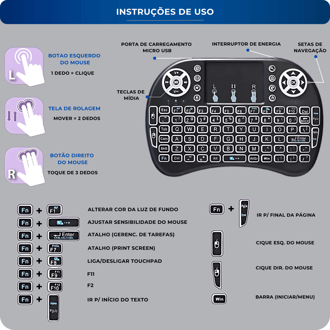 Mini teclado Controle Multimídia i8 RGB AltoTech