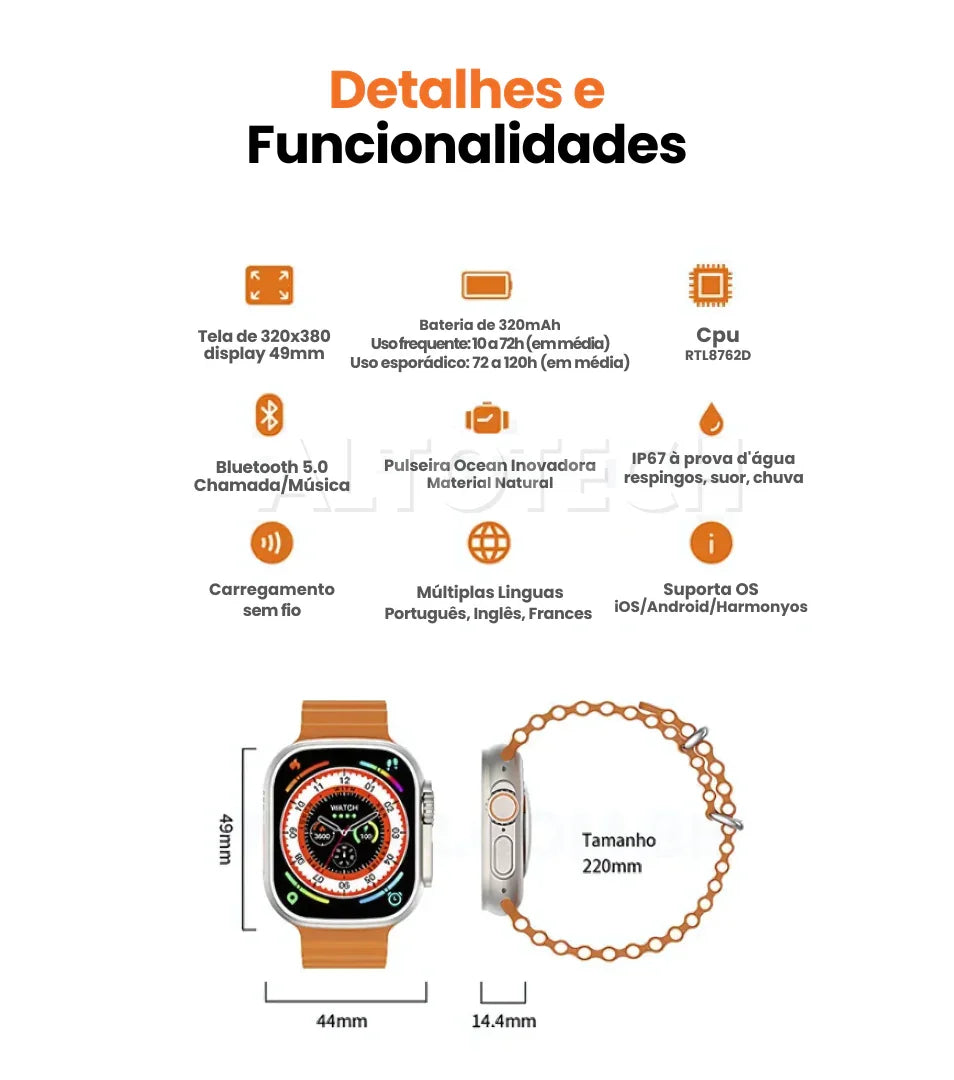 SmartWatch Serie 9 Ultra  + Kit 7 Pulseiras (Brinde!) AltoTech
