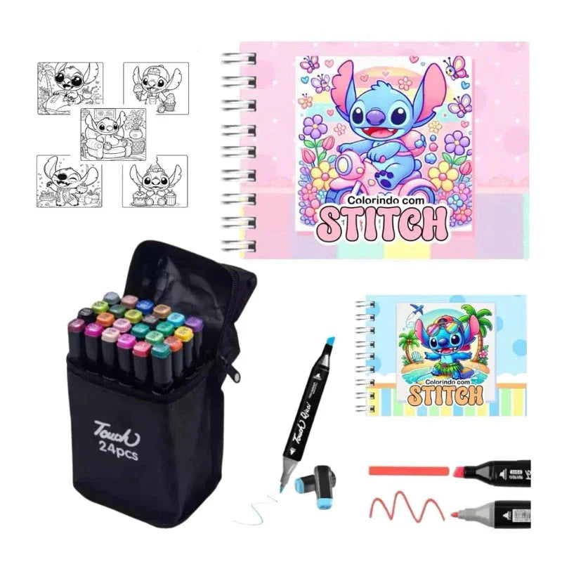 Kit Livro Colorir Stitch (Azul/ Rosa) + 24 Canetas Marcadora De Ponta Dupla Genérica
