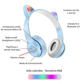 Fone de Ouvido Sem Fio com Microfone e Design de Orelhas de Gatinho LED