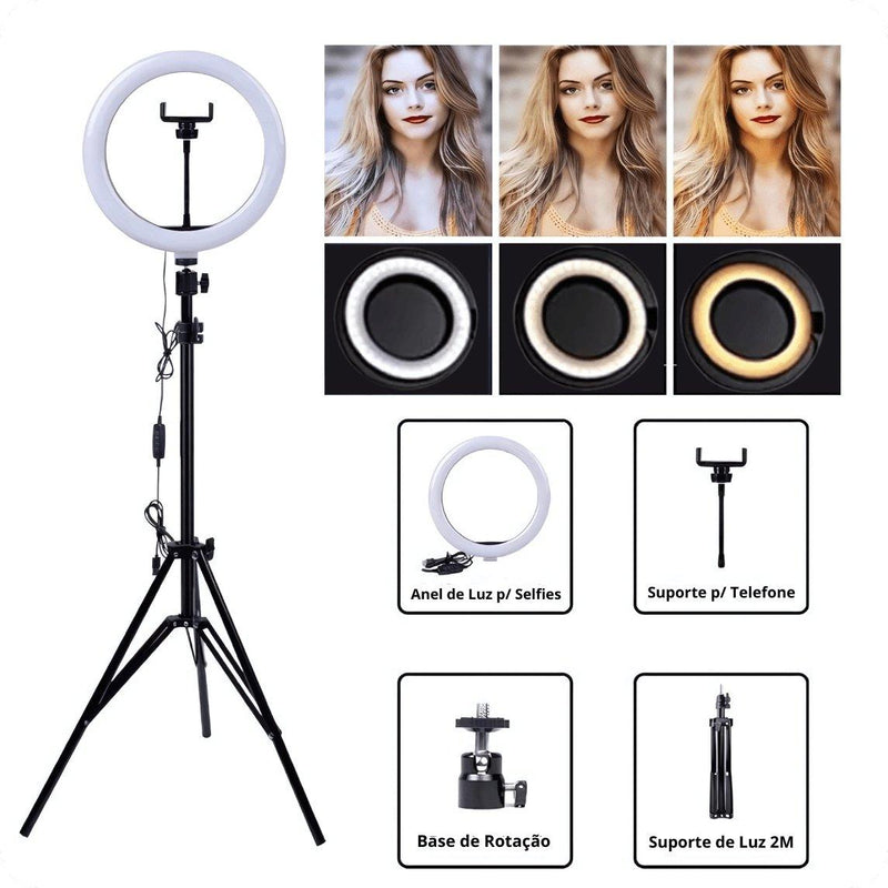 Kit Completo Ring Light Profissional 6/10/12 Pol - Tripé Universal e Controle Remoto - AltoTech