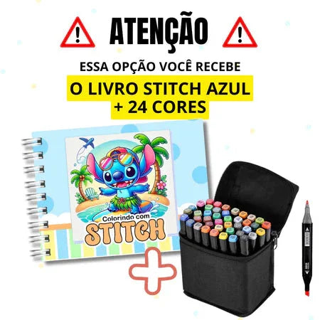 Kit Livro Colorir Stitch (Azul/ Rosa) + 24 Canetas Marcadora De Ponta Dupla Genérica