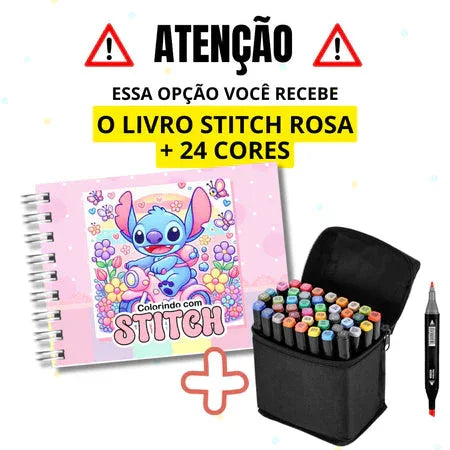 Kit Livro Colorir Stitch (Azul/ Rosa) + 24 Canetas Marcadora De Ponta Dupla Genérica